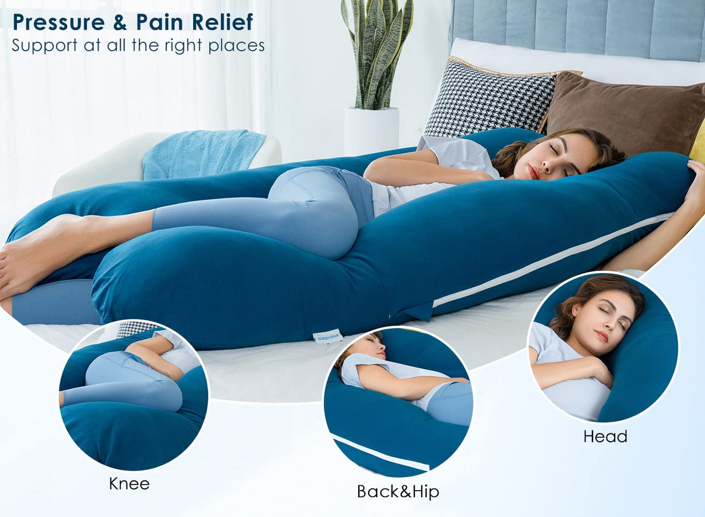 Maternity Pillow | Full Body Support Pillow With Inner - Ball Fiber Filled | U-Shaped - Fine Quality